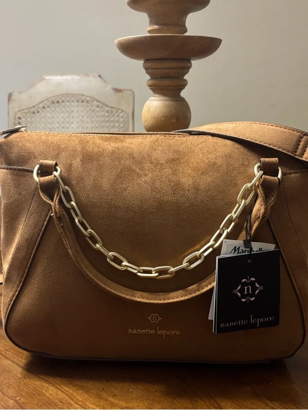 Nanette Lepore Camel Suede Satchel with Gold Chain